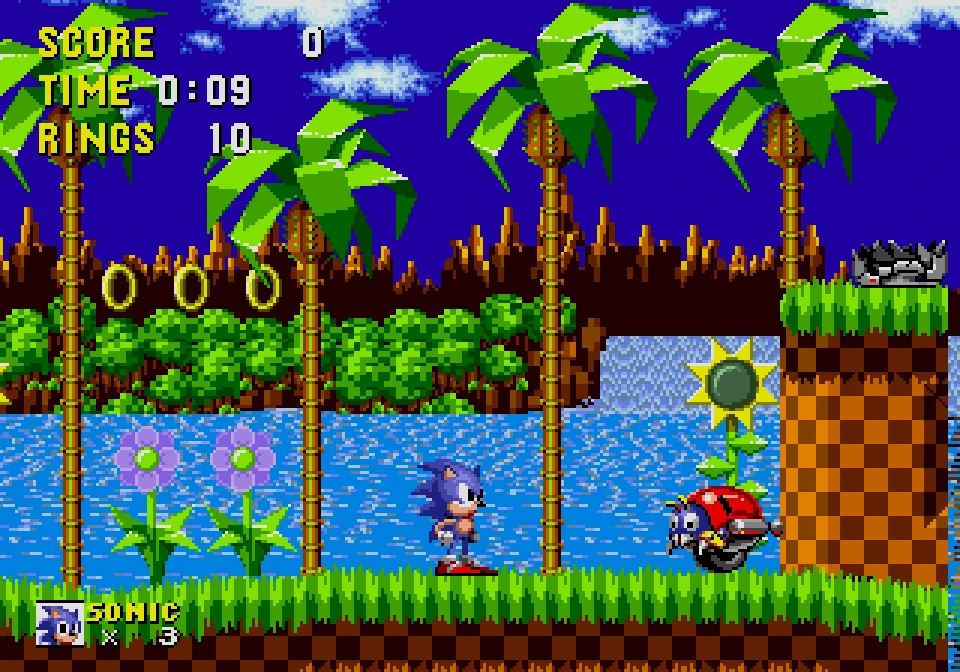 Captura de Sonic the Hedgehog en Green Hill Zone, con anillos dorados flotando sobre la hierba