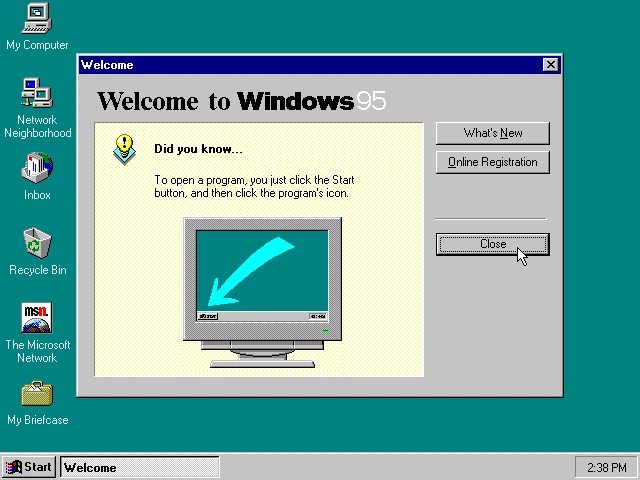Escritorio de Windows 95 recién instalado, con el menú Inicio abierto