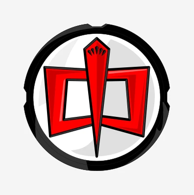 Emblema del traje: dos formas rojas y una punta central sobre un círculo blanco con borde negro