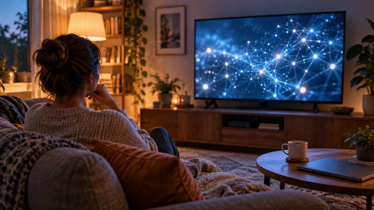 Una mujer de espaldas, sentada en el sofá de un salón iluminado con lámparas cálidas, mira una televisión grande que muestra una red de puntos luminosos conectados; en la mesa baja hay una taza y un portátil cerrado