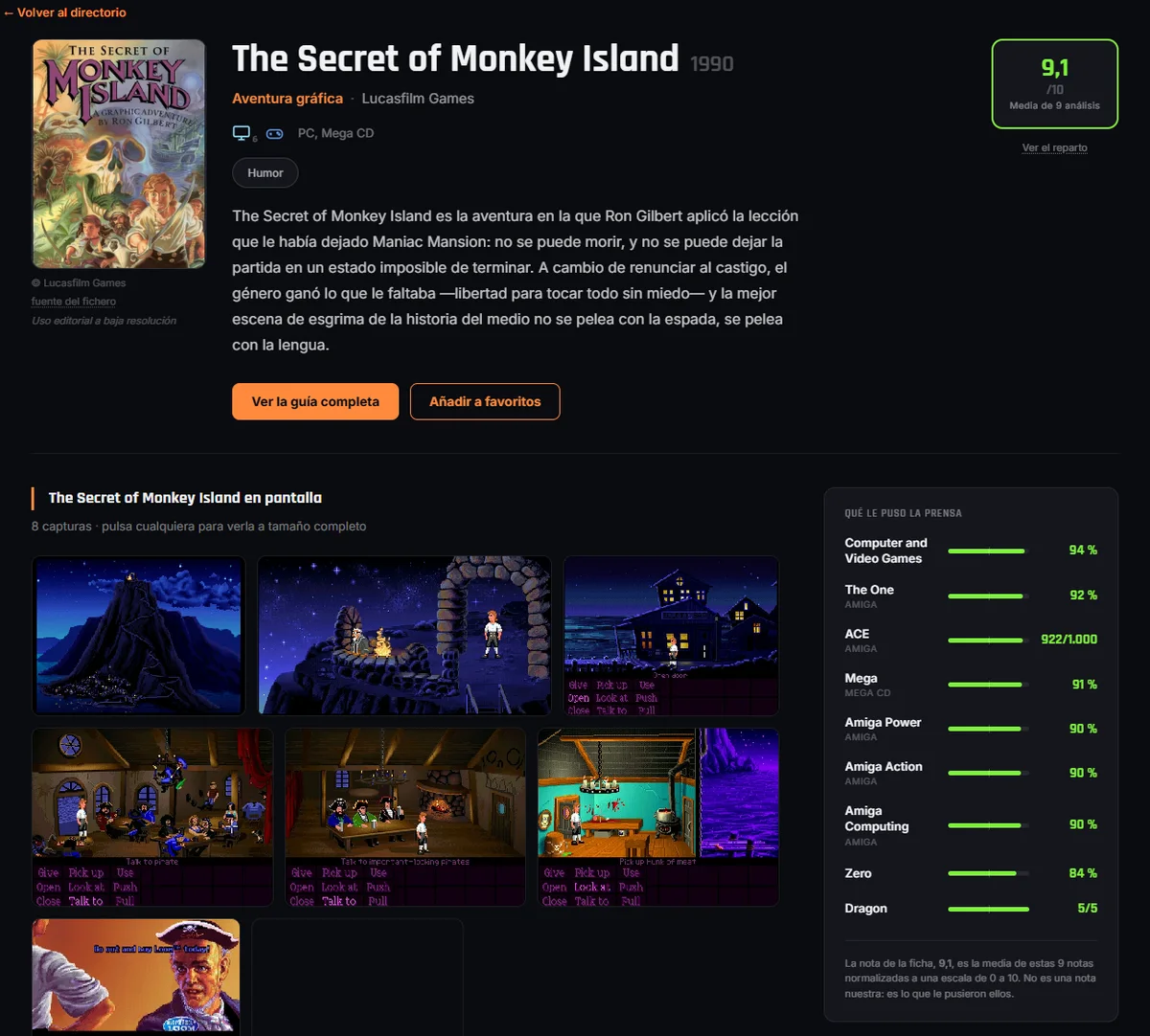 Ficha de The Secret of Monkey Island en cdjuegos.com, sobre fondo oscuro: la carátula del juego con Guybrush y una calavera, el título, el año 1990, la descripción y una nota de 9,1 sobre 10 con la leyenda «Media de 9 análisis»; debajo, una rejilla de capturas del juego con su barra de verbos y, a la derecha, el recuadro «Qué le puso la prensa», con barras para Computer and Video Games, The One, ACE, Mega, Amiga Power y otras revistas