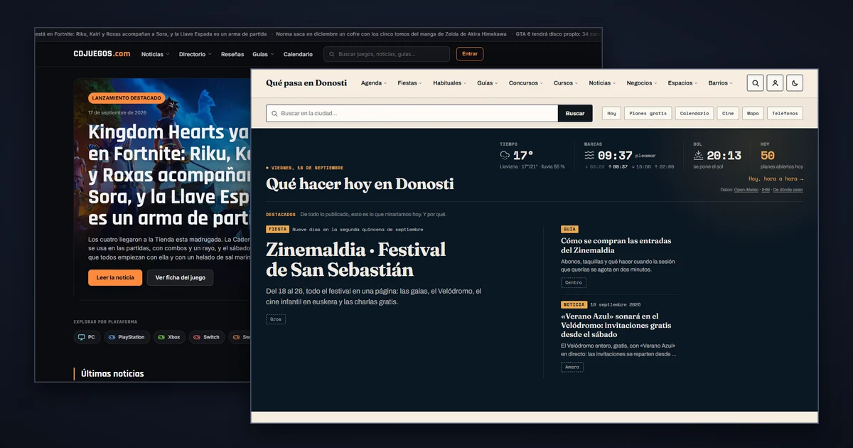 Dos portadas de web superpuestas sobre un fondo azul oscuro: detrás, cdjuegos.com, oscura, con una noticia destacada de Kingdom Hearts; delante, quepasaendonosti.com, en crema y azul marino, con el titular «Qué hacer hoy en Donosti», el tiempo, las mareas, la puesta de sol y los planes abiertos hoy, y debajo el Zinemaldia como destacado del día