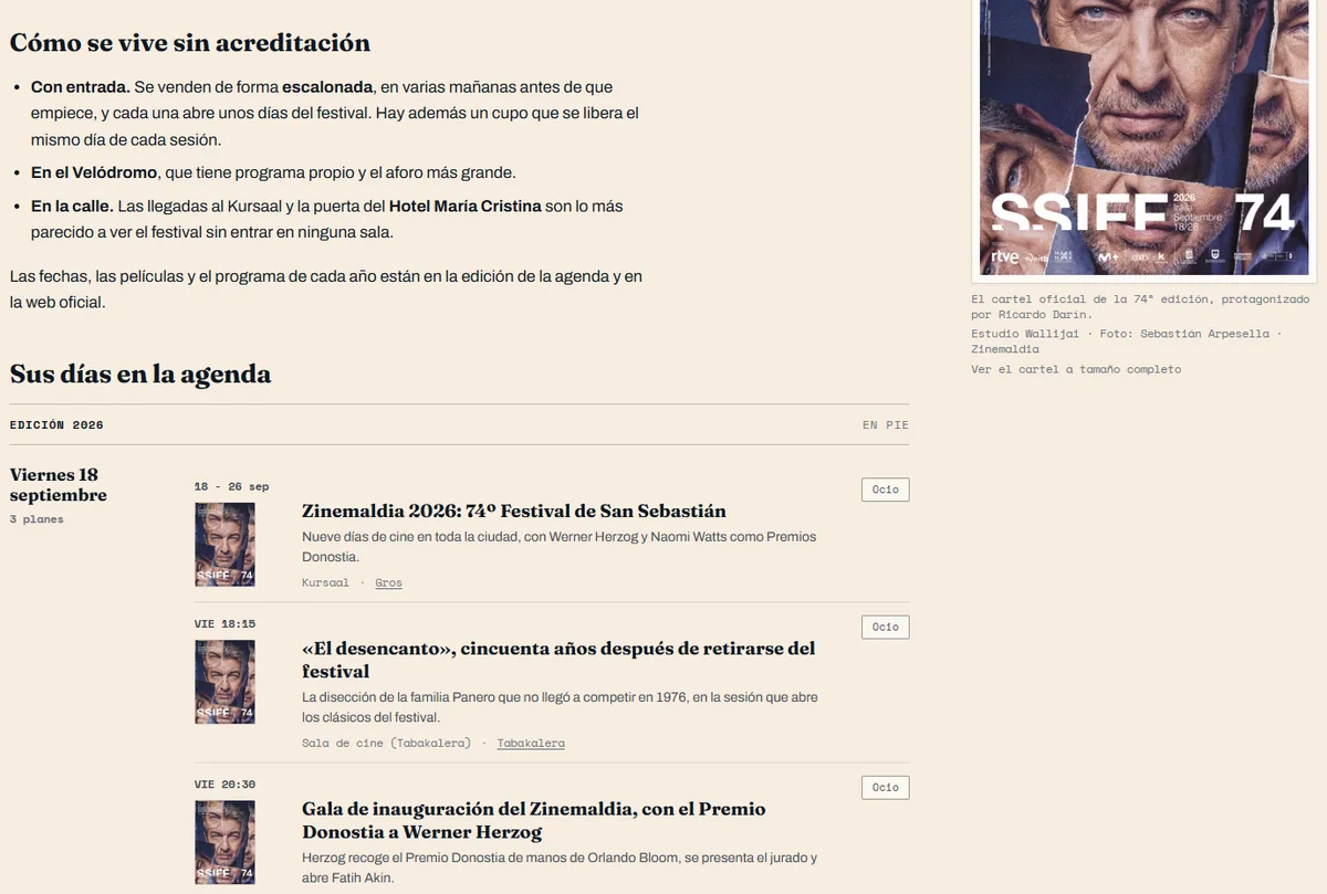 Página de quepasaendonosti.com sobre fondo crema: a la izquierda, el apartado «Cómo se vive sin acreditación», con tres puntos sobre las entradas, el Velódromo y la calle, y debajo «Sus días en la agenda», con los primeros planes del viernes 18 de septiembre; a la derecha, el cartel oficial del festival con el rostro de Ricardo Darín