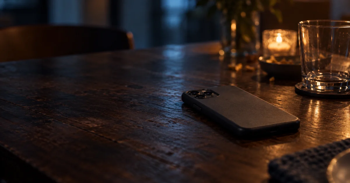 Un teléfono móvil boca abajo sobre una mesa de madera, de noche, junto a un vaso vacío y una vela encendida