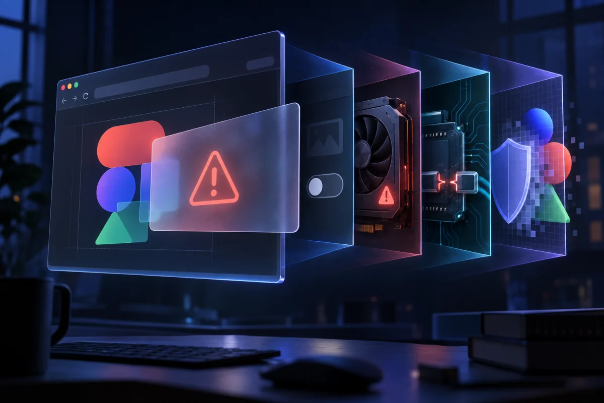 Una ventana de navegador con un archivo de Figma y un aviso de error, y detrás de ella cuatro capas: un interruptor apagado, una tarjeta gráfica, un chip con el circuito partido y un escudo