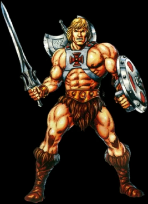 Ilustración de He-Man con la espada en alto y un escudo redondo en la otra mano