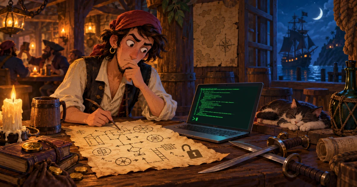 Un joven pirata piensa ante un mapa de flechas y candados en una taberna a la luz de las velas, con un portátil abierto con una terminal verde y un gato dormido al lado