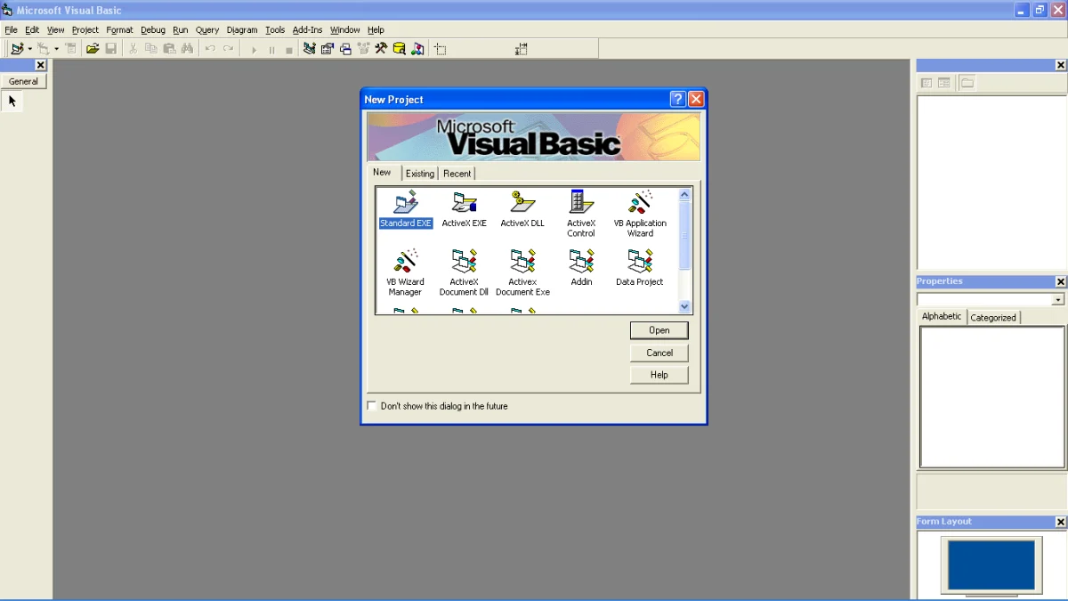 El entorno de desarrollo de Visual Basic 6 recién abierto, mostrando el diálogo de nuevo proyecto con la opción Standard EXE seleccionada