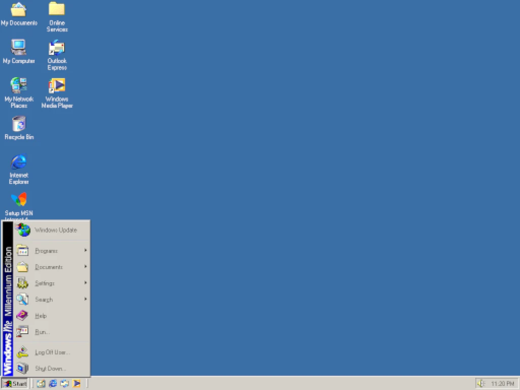 Escritorio de Windows Me con el menú Inicio desplegado