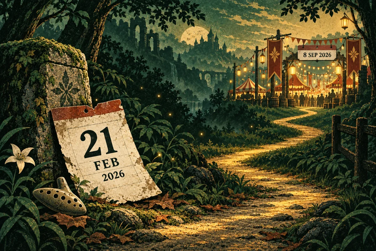 Un calendario con la hoja del 21 de febrero de 2026 abandonado entre la maleza junto a una ocarina, y al final de un camino iluminado una feria encendida bajo un cartel que dice 8 SEP 2026