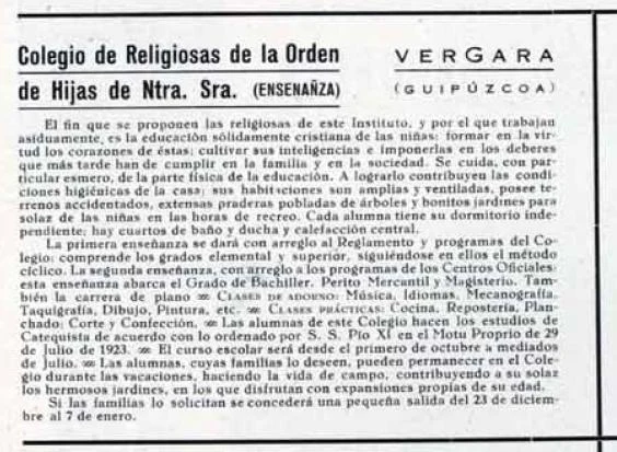 Anuncio impreso de un colegio de religiosas de Vergara, Guipúzcoa, con la relación de estudios que impartía a sus alumnas
