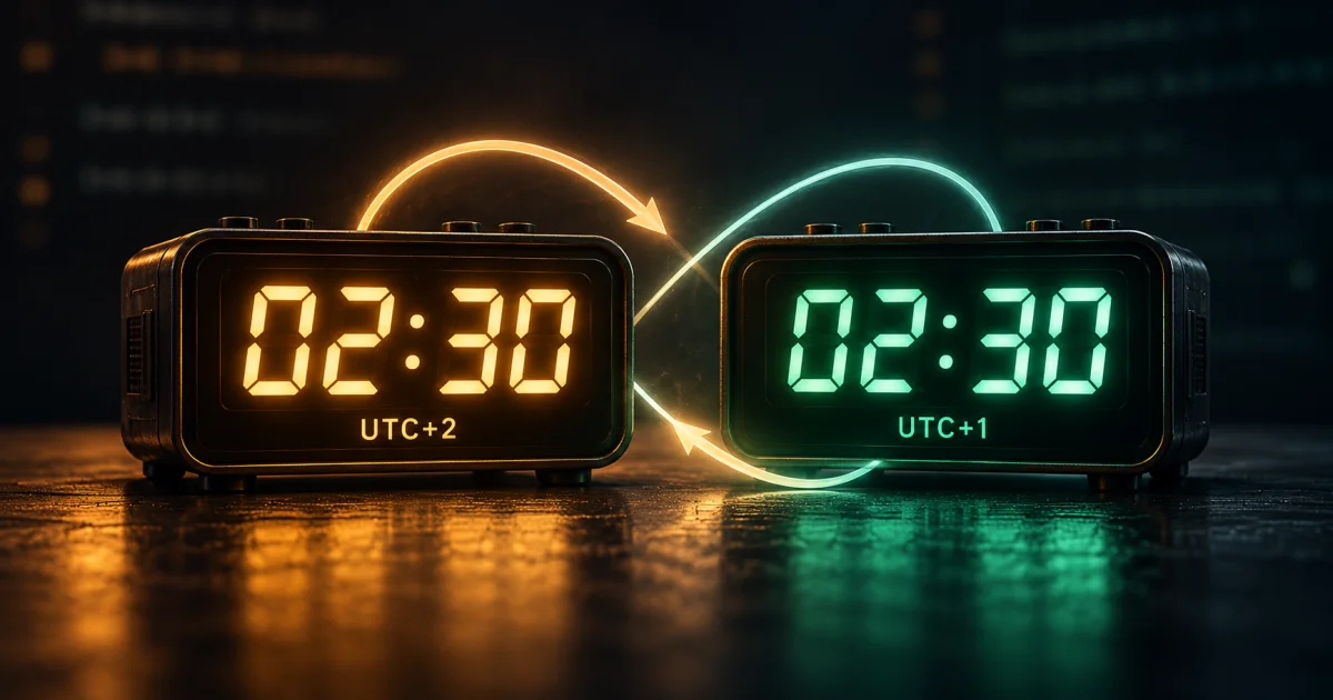 Dos despertadores digitales sobre una mesa marcan las 02:30, el de la izquierda en ámbar con la etiqueta UTC+2 y el de la derecha en verde con UTC+1, unidos por dos flechas luminosas que forman un bucle