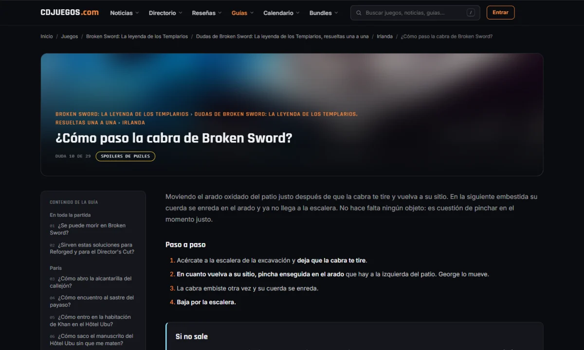 Página de cdjuegos.com sobre fondo oscuro con el título «¿Cómo paso la cabra de Broken Sword?», el rótulo «Duda 10 de 29» y la etiqueta «Spoilers de puzles»; a la izquierda, el índice de la guía agrupado por zonas (En toda la partida, París), y a la derecha la respuesta en un párrafo y un «Paso a paso» de cuatro puntos numerados