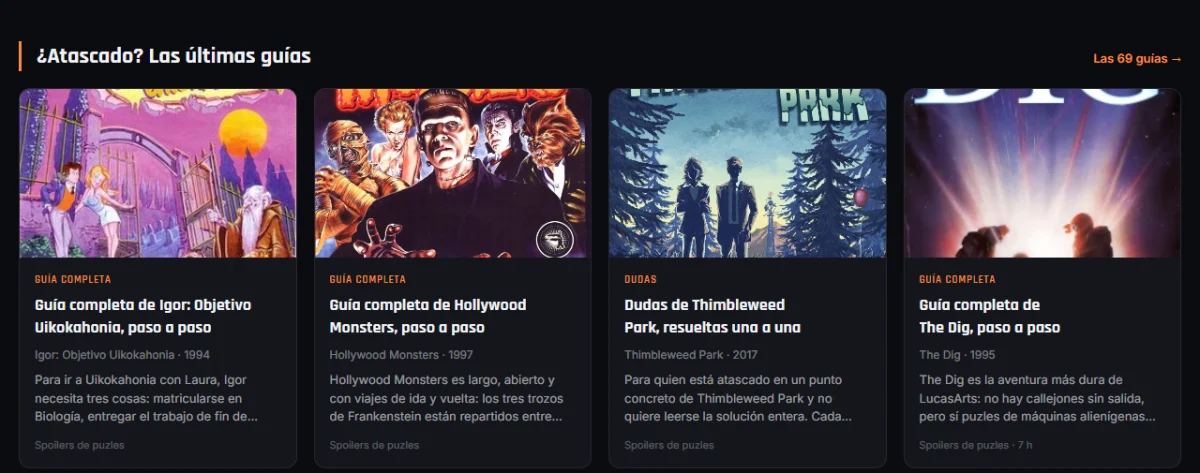 Banda «¿Atascado? Las últimas guías» de cdjuegos.com, con cuatro tarjetas y sus carátulas: guía completa de Igor: Objetivo Uikokahonia (1994), guía completa de Hollywood Monsters (1997), dudas de Thimbleweed Park (2017) y guía completa de The Dig (1995)