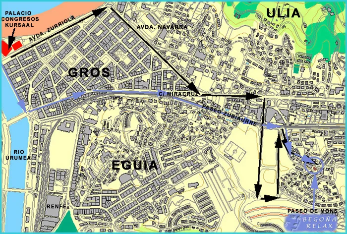 Plano de la zona de Gros y Eguía en Donostia, con el Kursaal, el río Urumea y el monte Ulia, y varias flechas negras y azules dibujadas encima marcando un recorrido