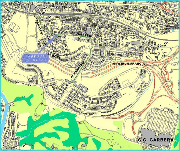 Plano de Intxaurrondo y Garbera con el paseo Zarategi, el centro comercial Garbera y la autopista A8, y un rótulo azul con el nombre del local