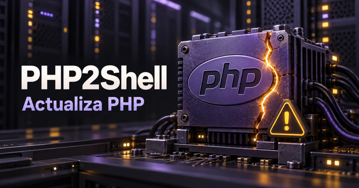 Ilustración de un módulo metálico con el logotipo de PHP, agrietado por una fisura incandescente y con una señal de peligro amarilla, montado sobre una placa en una sala de servidores en penumbra con luces moradas y ámbar. A la izquierda, el texto «PHP2Shell» y, debajo, «Actualiza PHP»