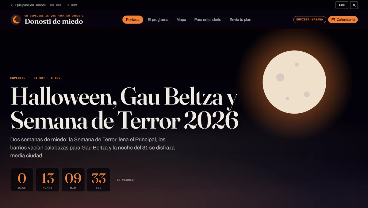 Portada del especial Donosti de miedo: titular sobre fondo nocturno, una luna llena y la cuenta atrás