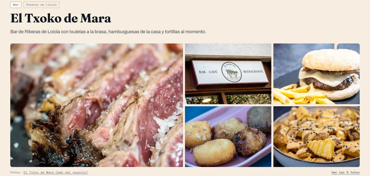 Ficha de El Txoko de Mara: el titular y un mosaico de cinco fotos del bar, con la txuleta en grande