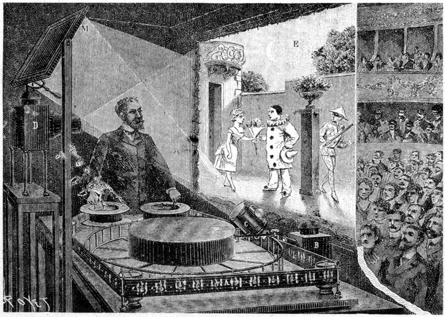 Grabado de 1892 del Théâtre Optique: un hombre acciona una máquina de bobinas mientras se proyecta sobre una pantalla una escena con Pierrot, y al fondo se ve el público del Museo Grévin
