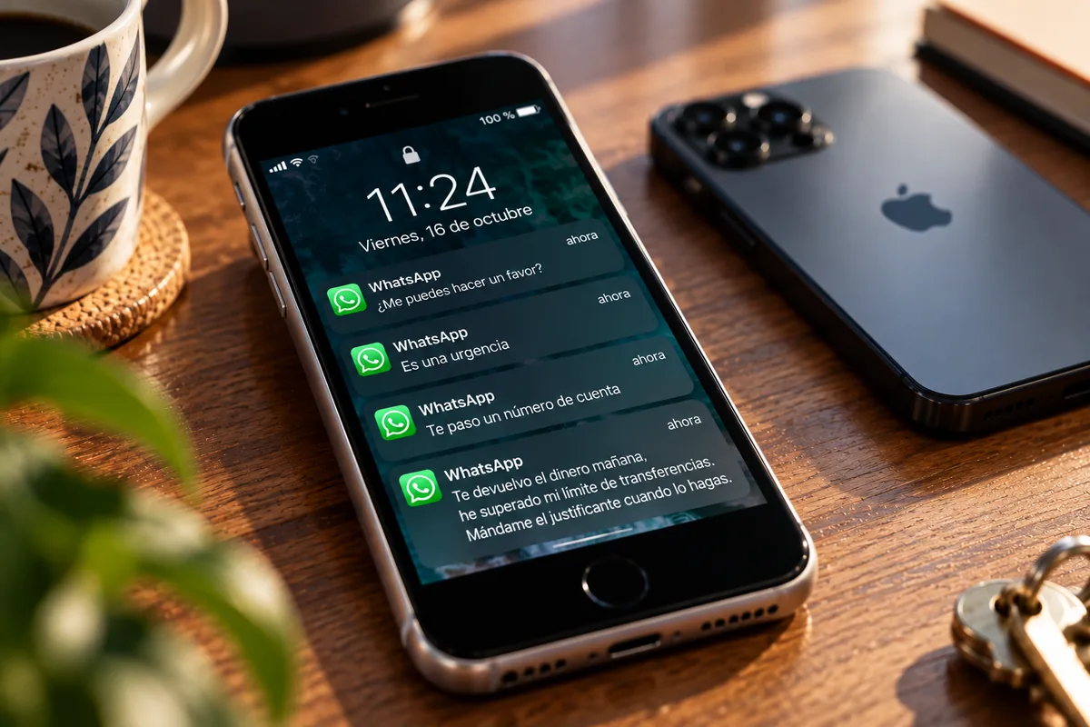 Un iPhone antiguo con botón de inicio, sobre una mesa de madera, con la pantalla de bloqueo marcando las 11:24 del viernes 16 de octubre y cuatro notificaciones de WhatsApp: «¿Me puedes hacer un favor?», «Es una urgencia», «Te paso un número de cuenta» y «Te devuelvo el dinero mañana, he superado mi límite de transferencias. Mándame el justificante cuando lo hagas». Al lado, boca abajo, un iPhone moderno de tres cámaras; alrededor, una taza, unas llaves y una planta desenfocada