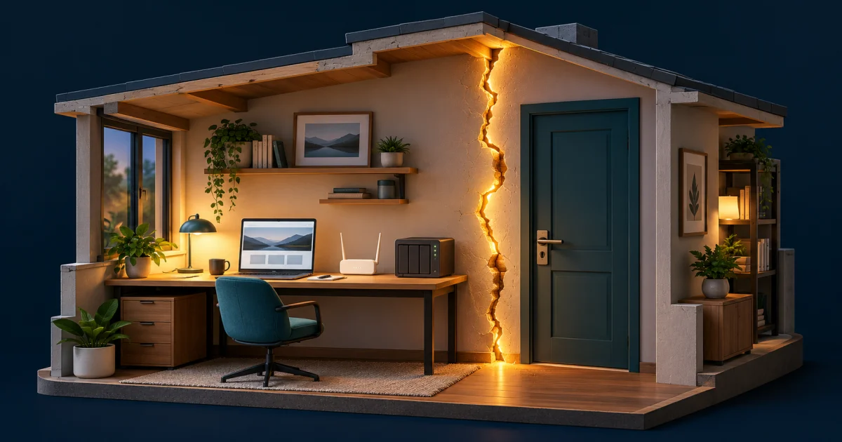 Ilustración de una casa abierta en sección, de noche: un despacho con un portátil, un router y un disco de red sobre la mesa, y junto a la puerta cerrada una grieta luminosa que recorre la pared de arriba abajo